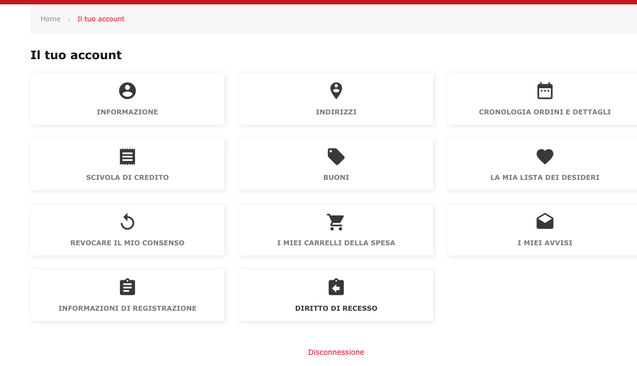 Area cliente PrestaShop con l'icona Diritto di recesso