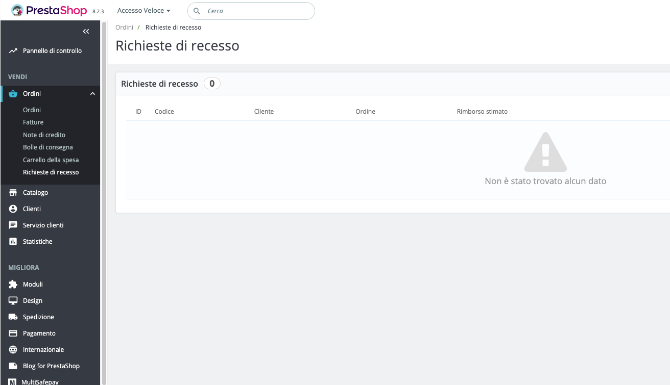 Backoffice PrestaShop: archivio Richieste di recesso in Ordini