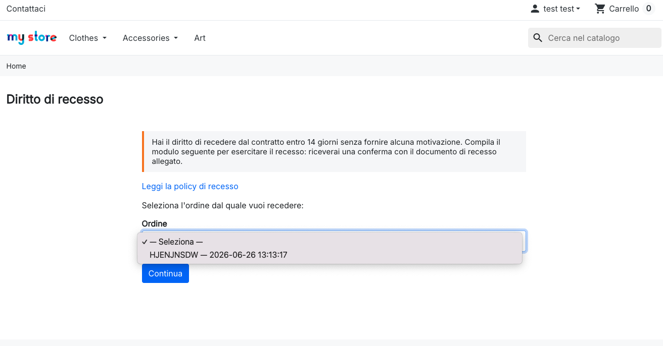 Form Diritto di recesso: il cliente loggato seleziona uno dei suoi ordini
